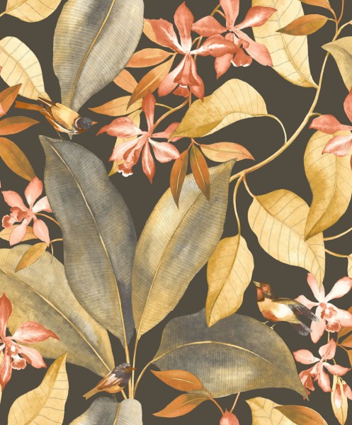 Leaf pattern wallpaper black-orange Delicacy 85382347