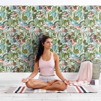 Tropical leaves green and white non-woven wallpaper Tropical Hohenberger 26740