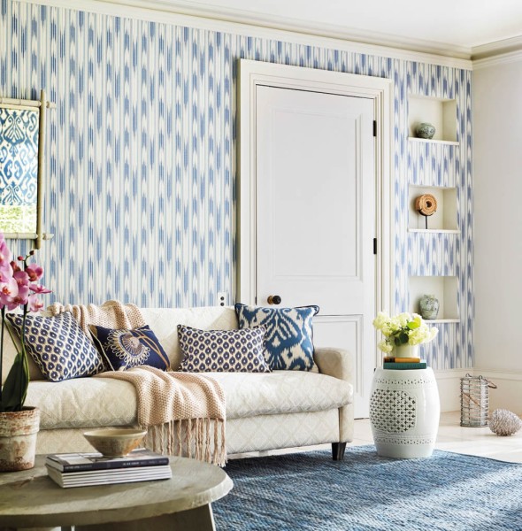 fine lines and broken stripes cream and blue non-woven wallpaper Sanderson Caspian DCPW216778
