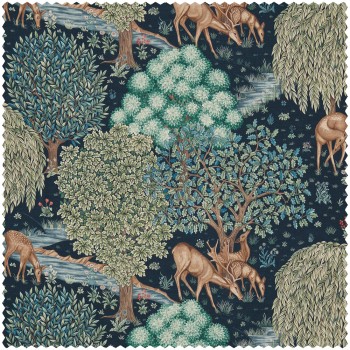Dekostoff Bäume und Rehe am Bach blau DCMF226709