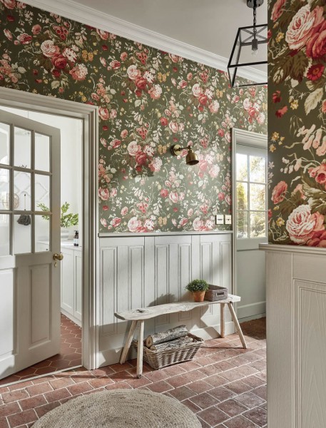 großer Blumenstrauß Oliv grün Vliestapete Sanderson - One Sixty DOSW217046