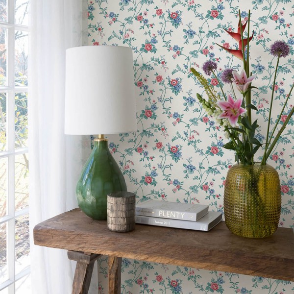 Tapete Rosenblüten Blumen Landhaus Zweige Cremeweiß Blau 288338