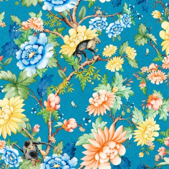 Vliestapete üppige Rosen und Blattwerk blau W0133-03