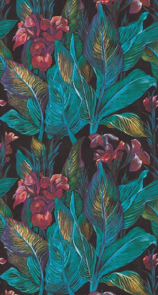 Red Flowers Black and Colorful Mural Casadeco - Botanica Texdecor BOTA85957249