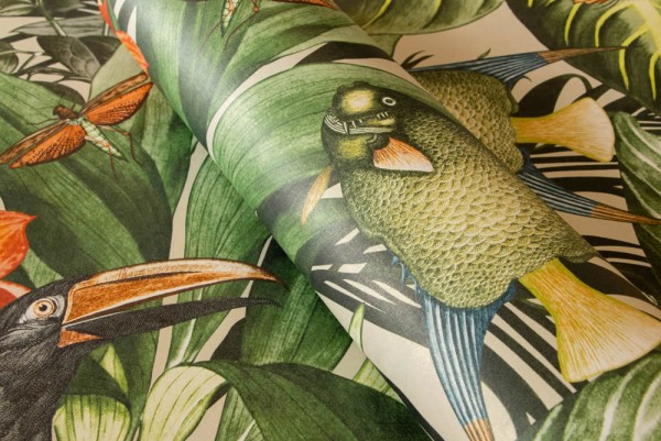 Fische und Blätter Grün und orange Vliestapete Tropical Hohenberger 26747