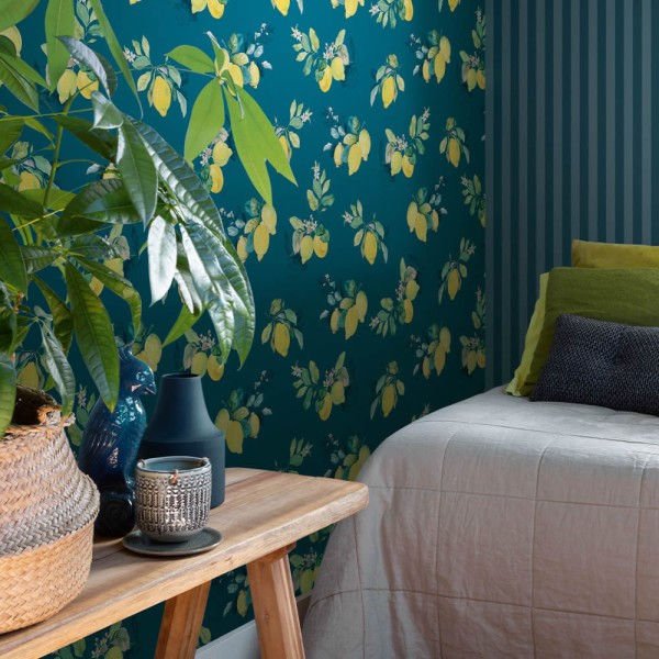 blue wallpaper summery citrus fruits Petite Fleur 5 Rasch Textil 288437