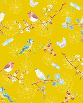 Eijffinger PIP Studio 55-375083, Vliestapete gelb bunte Blumen Vögel