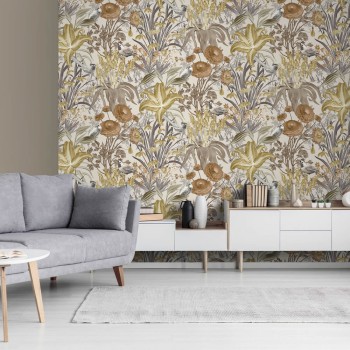 Cream, green and brown non-woven wallpaper birds between plants Tropical Hohenberger 26728