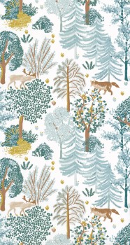Animals in the forest wallpaper white and multicolored Caselio - La Foret Texdecor FRT102937012