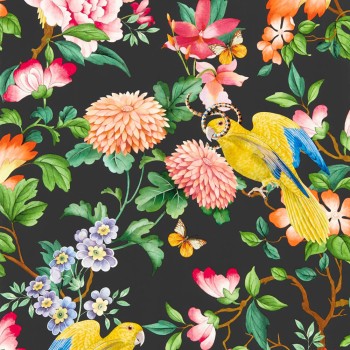 Tapete Blumenranken und Tiere schwarz W0130-04